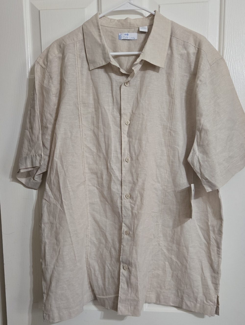 Light Beige LINEN Blend Short-Sleeve Button-Down Shirt - Classic Casual